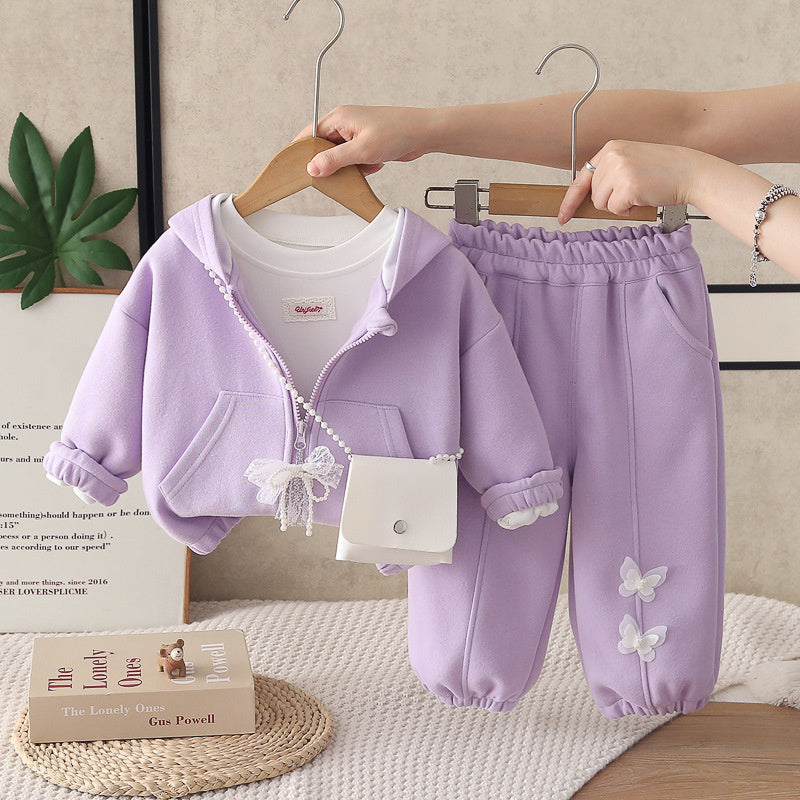 Girls' Outfit 2026 New Korean Style Children's Lace Butterfly Dress Baby Girl Autumn Casual Three-Piece Set