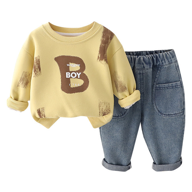 Boys' Outfit 2024 New Stylish Children's Clothing Spring and Autumn One-Year-Old Baby Letter Round Neck Two-Piece Set