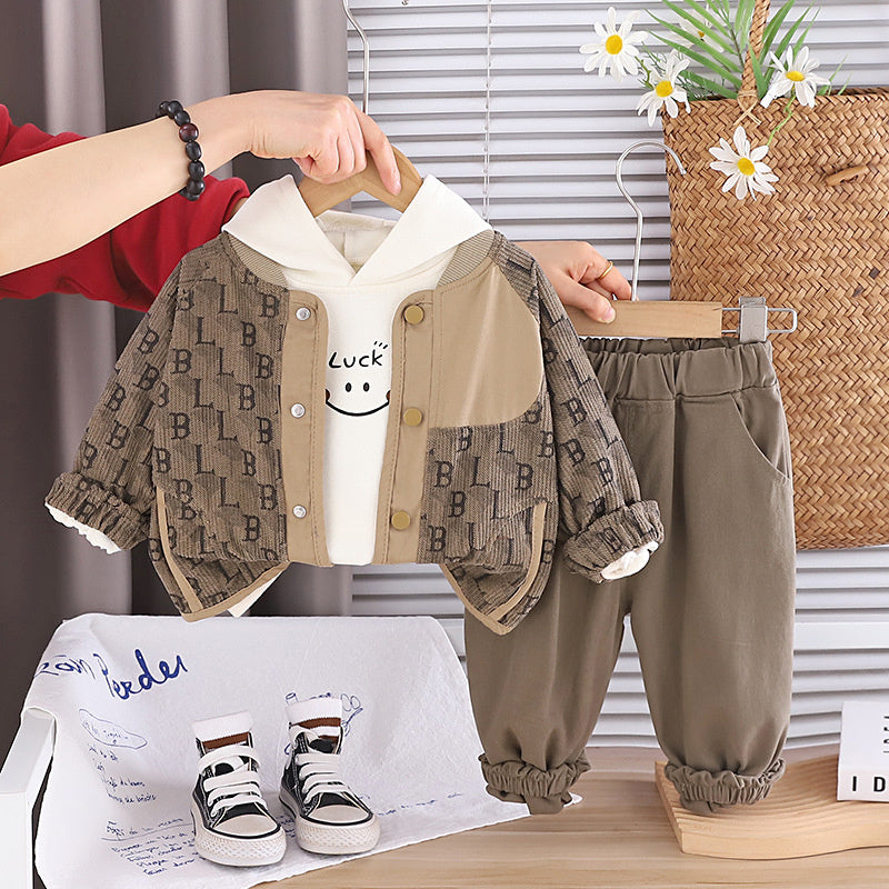 Boys' Spring and Autumn Fashionable Outfit 2026 New Letter Patchwork Cardigan Three-Piece Set Infant Casual Clothes Trendy