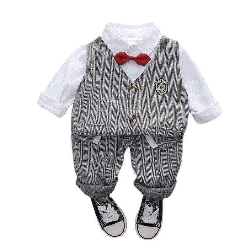 Small Medium Boys Spring and Autumn Korean Version Handsome Baby Plaid Vest Shirt Three-Piece Suit Long Sleeve Set Manufacturer Wholesale