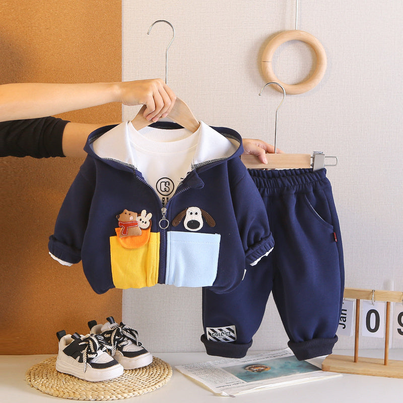 New Outfit Boys: Stylish Baby Three-Piece Set with Double Pockets Cartoon Hooded Jacket for Infants Children in Spring and Autumn
