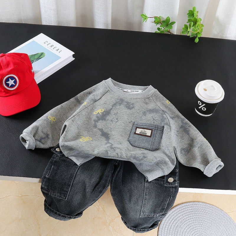 Boys' and Autumn Outfit 2026 New Fashionable Tie-Dye Pocket Two-Piece Set Children, Spring Casual Wear for Babies