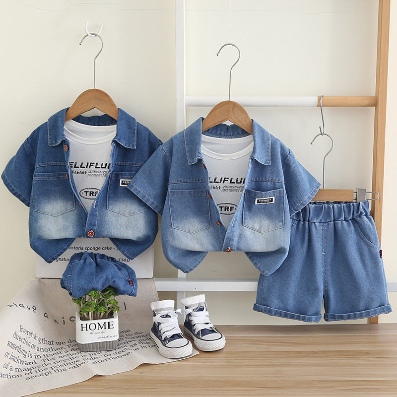 Children's Outfit Boys' Denim Jacket Short Sleeve Three-Piece Set 2026 New Model 1-2-3 Baby Summer Clothes