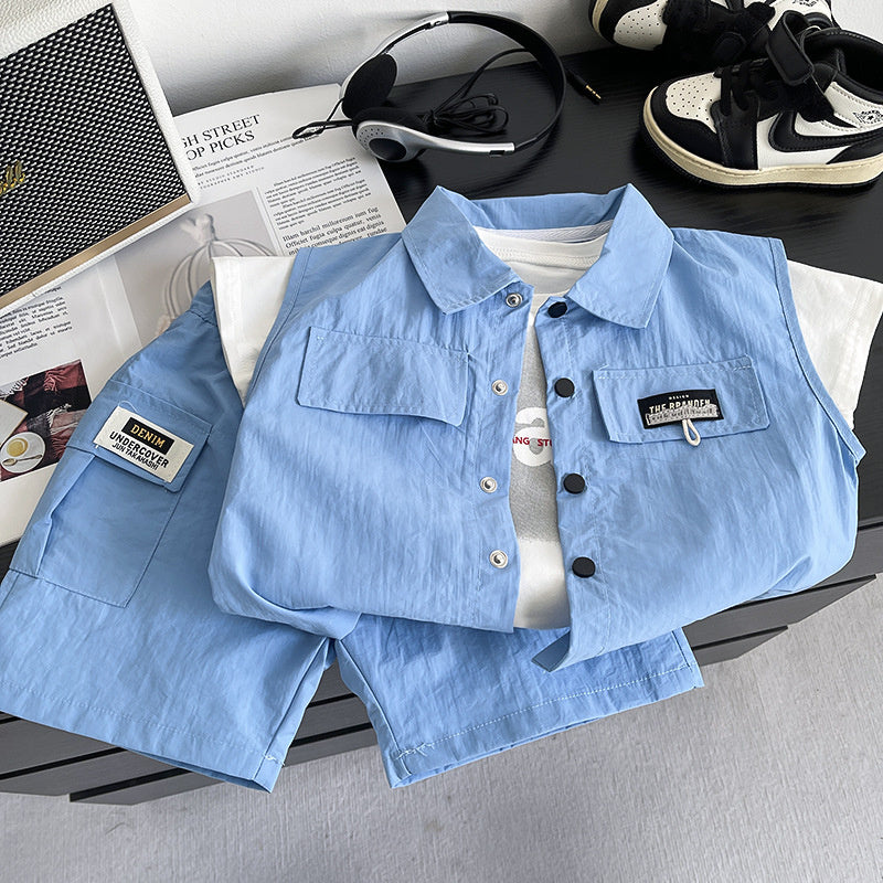 Baby clothes summer 2026 new cardigan vest workwear short-sleeve suit thin style for one-year-old boys trendy toddler outfit