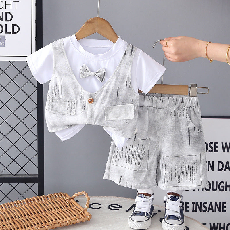 Boys' Outfit 2026 New Short-Sleeve Children's Clothing Baby Summer Bow Tie Vest Fake Three-Piece Trendy Set