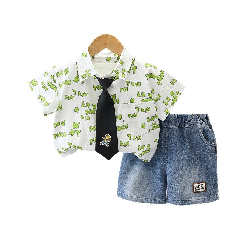 Boys' Outfit 2026 New Baby Summer Short Sleeve Three-Piece Set Children's Tie Bear Shirt 1-2-3 Years Old 5