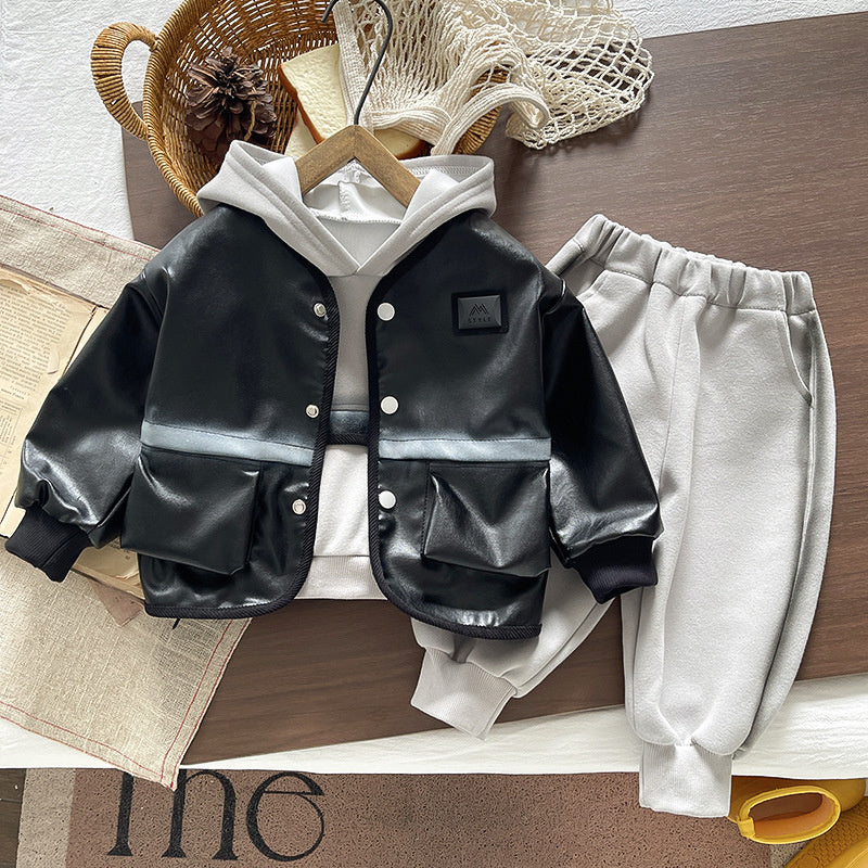 Children's Autumn Clothing 2026 New Style Boys' Casual Leather Jacket Three-Piece Set Stylish Outfits for Toddlers Wholesale