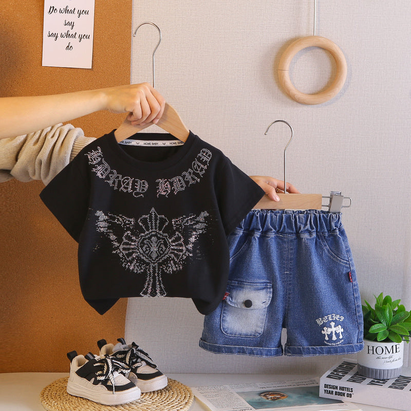 2026 Foreign Trade Summer Round Neck Rhinestone Children's Printed Thin T-shirt and Denim Two-piece Set Wholesale 3