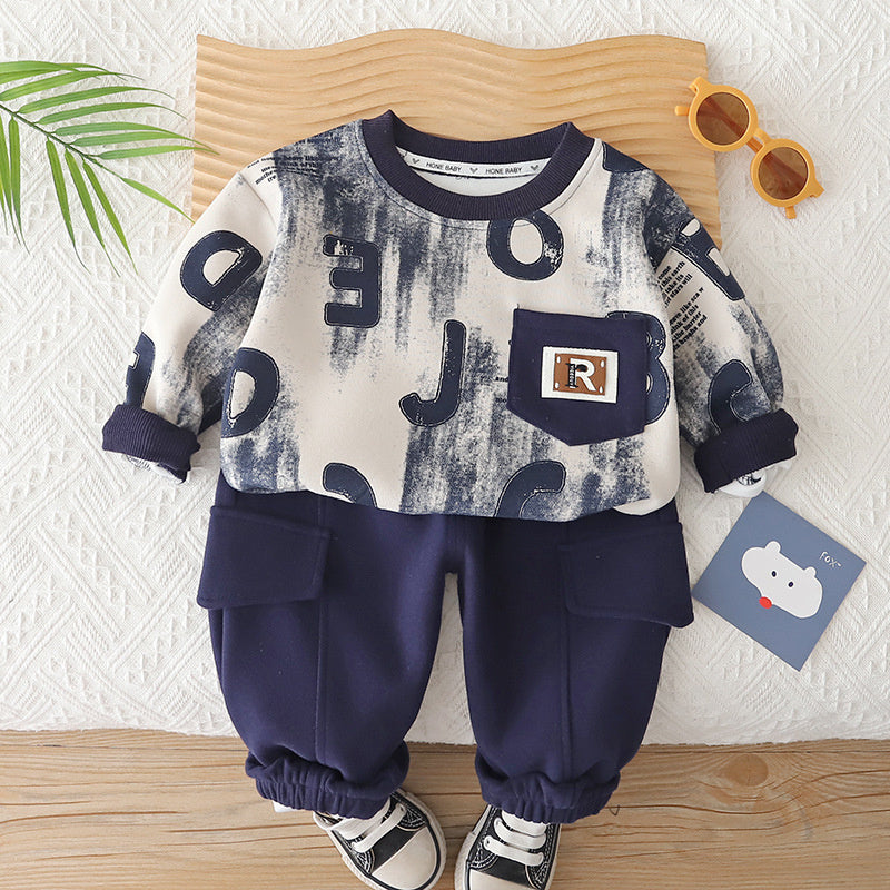 Boys' Spring and Autumn 2026 Casual Outfit, New Style for Boys Aged 1-5, Long-Sleeve Full-Print Letter Sweatshirt Two-Piece Set