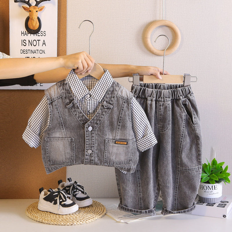 Boys' Outfit 2026 New Set: 4-Plaid Shirt, Denim Vest, Three-Piece Set Spring and Autumn, Stylish for 1-Year-Old Baby