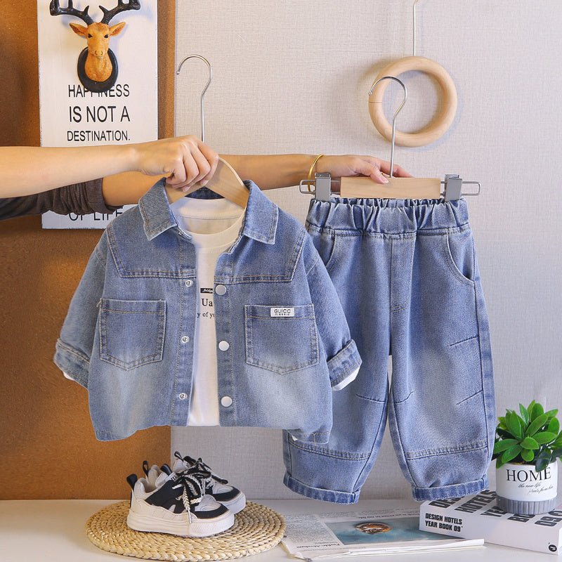 Outfit 2026 New Style Children's Boys' Spring and Autumn Stylish Solid Color Denim Jacket Three-Piece Set Trendy