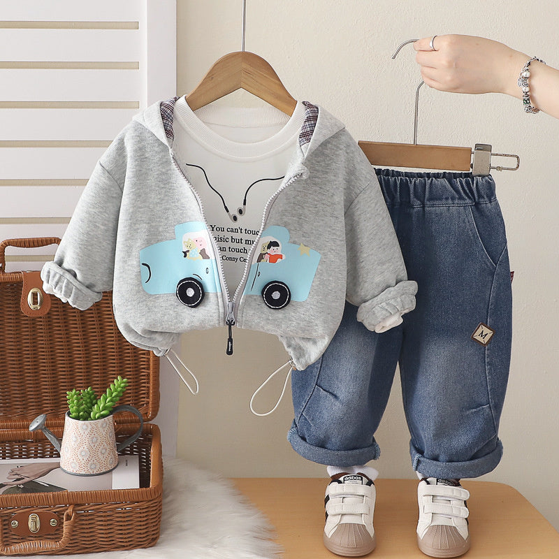 Boys' Outfit 2026 New Style Infant Children's Spring and Autumn Fashionable Baby Car Zipper Jacket Three-Piece Set