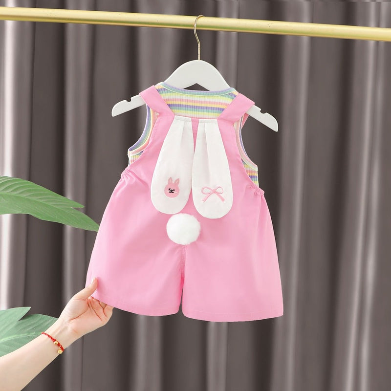 Outfit 2024 New Summer Children's Girls' Baby Colorful Striped Cartoon Overalls Short Sleeve Two-Piece Set
