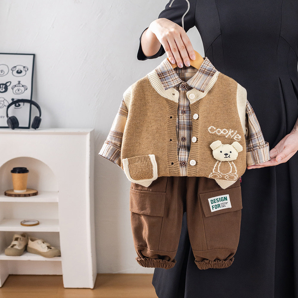 Baby Spring and Autumn 1-3 Years Old Boys Bear Sweater Three-Piece Set Trendy Toddler Korean Style Fashionable Clothes Children's Fashion