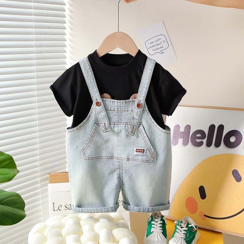Boys' Outfit 2026 New Trendy Children's Bear Denim Overalls Short Sleeve Baby Korean Style Summer Clothes