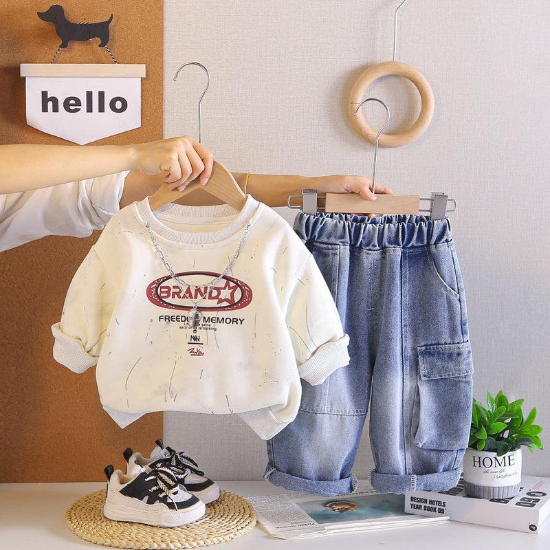 Boys' outfit, infant autumn two-piece set, children's new stylish letter-print clothing for spring and autumn, trendy wholesale