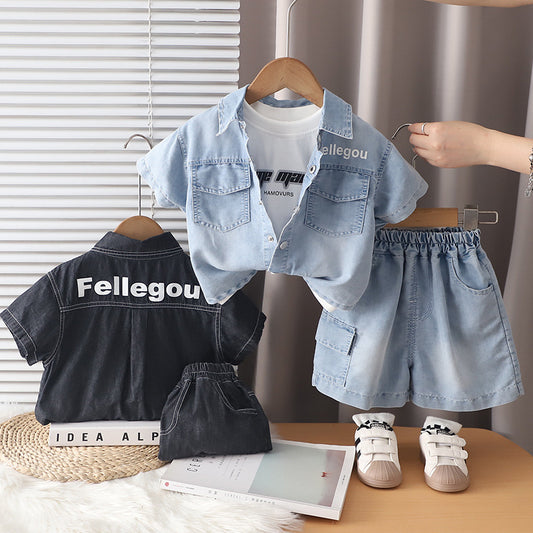 Children's Outfit 2026 Summer New Korean Style Boys' Stylish Short-Sleeve Letter Denim Baby Three-Piece Set