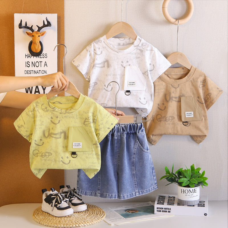 Boys' Summer Outfit 2026 New Short-Sleeve Stylish Children's Smiley Face Pocket Round Neck Casual Baby Two-Piece Set Trendy