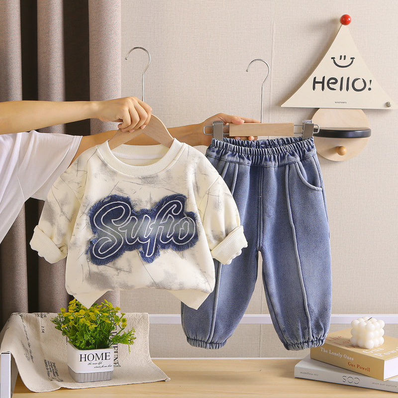 Autumn and Fleece-Lined Outfit New Fashionable Infant Boys' Winter Clothing Thick Embroidered Letter Two-Piece Set