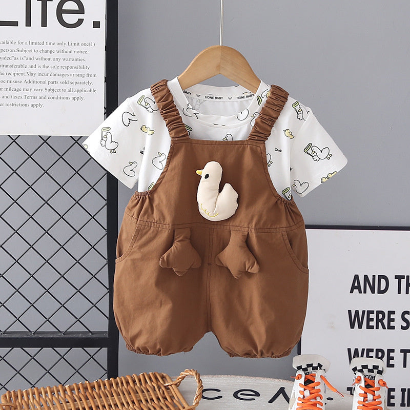 Boys and girls short-sleeve 2026 new summer fashionable children's clothing duckling suspender two-piece set