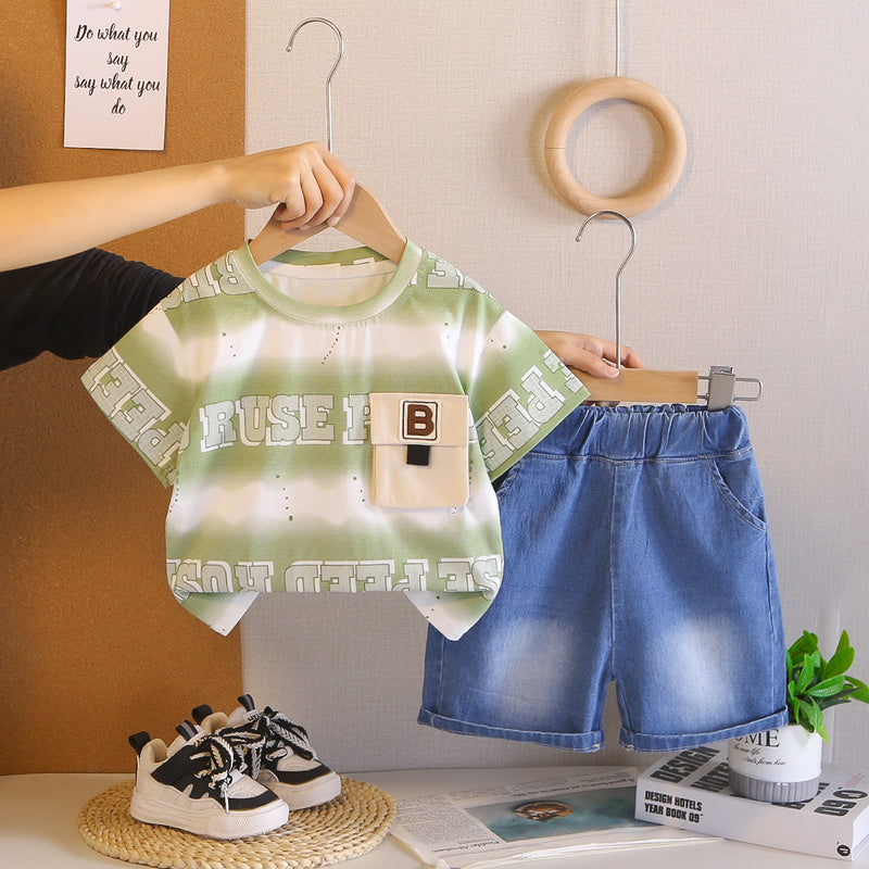 Summer Outfit with Letter Print Round Neck Set 2026 New Fashionable Boys' Clothes for 1-3 Year Olds, Children's Short Sleeve Trendy Wear