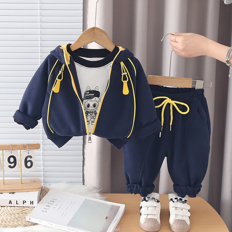 26 New Boys Fashionable Suit Toddler Spring and Autumn Outfit Sports Casual Zipper Shirt Set Three-Piece Wholesale Trendy