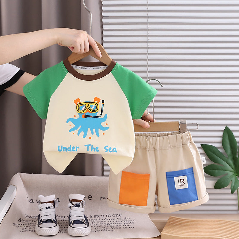 Boys' Short-Sleeve 2026 Trendy New Outfit Cartoon Raglan Sleeve Clothes Children's Summer Two-Piece Casual Set