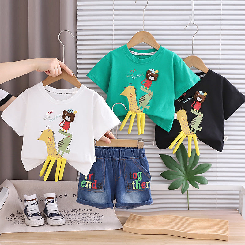 Boys' Outfit Cartoon Giraffe Animal Short Sleeve Two-Piece Set 2026 New Fashionable Baby Summer Children's Clothes