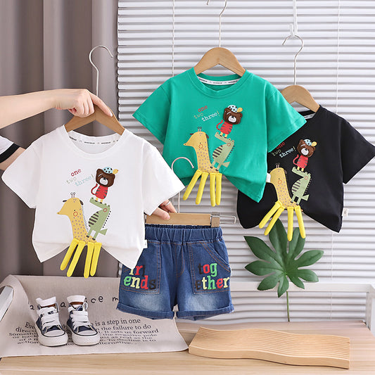Boys' Outfit Cartoon Giraffe Animal Short Sleeve Two-Piece Set 2026 New Fashionable Baby Summer Children's Clothes