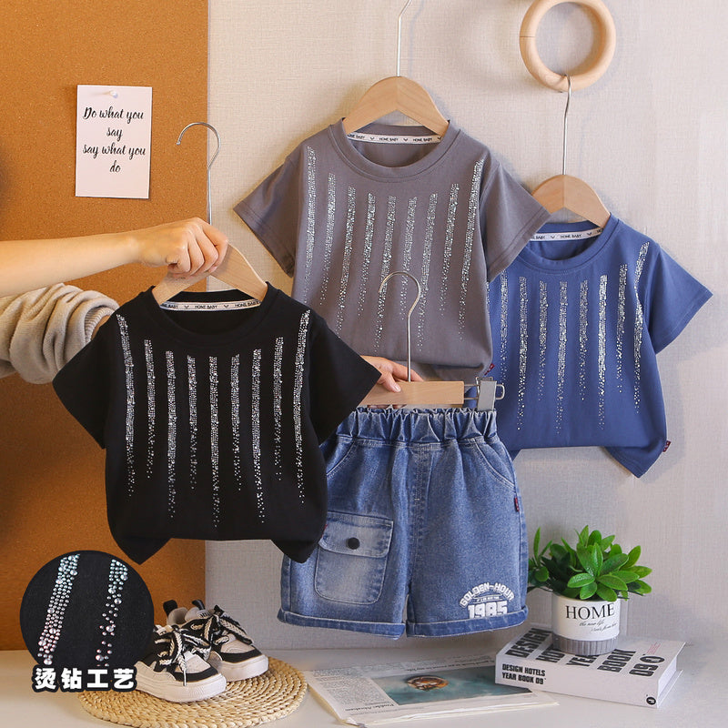 2026 Foreign Trade Summer Round Neck Rhinestone Children's Printed Thin T-shirt and Denim Two-piece Set Wholesale 3