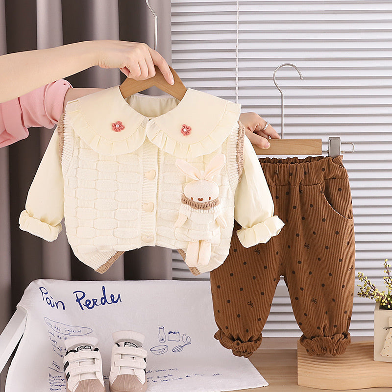 Baby girl spring outfit set, stylish children's clothing for toddlers, 1-3 years old, trendy pocket bunny sweater three-piece set
