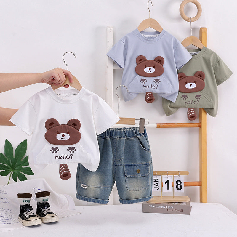 Boys' Short-Sleeve 2026 Trendy New Outfit with Bear Head Pocket Baby Clothes Children's Summer Two-Piece Set