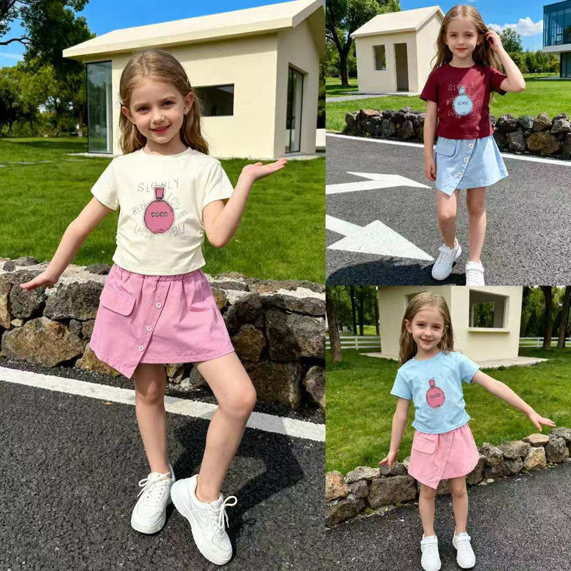 2026 New Summer Fashionable Korean Style Baby Girl Outfit with Rhinestones, Stylish Sleeve Short Skirt Two-Piece Set