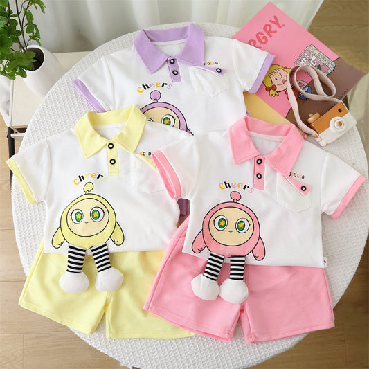 Girls' Outfit 2025 New Fashionable Baby Children's Summer Cartoon Short-Sleeve Two-Piece Set Trendy Toddler Clothes