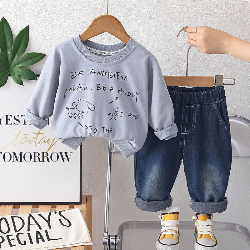 Boys' sports outfit, stylish letter-print puppy sweatshirt two-piece set, trendy spring autumn clothing for infants and children
