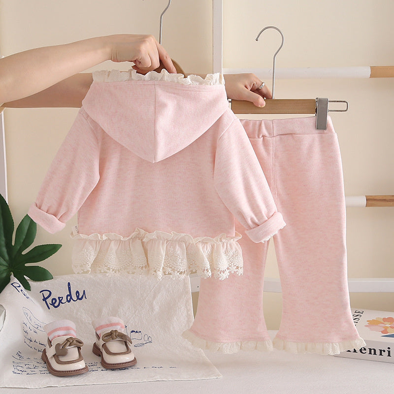 Girls' Outfit 2026 New Fashionable Baby Lace Collar Hooded Jacket Children's Clothing Spring and Autumn Three-Piece Set