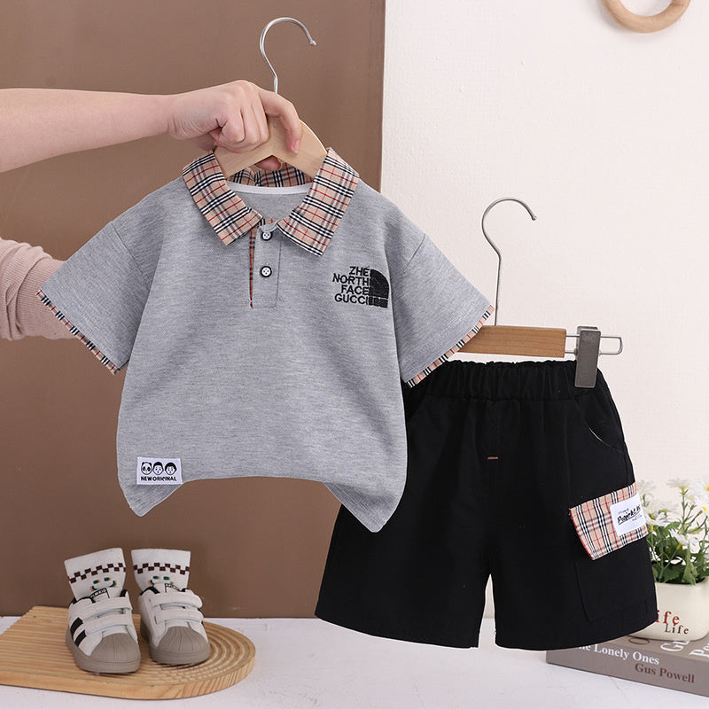Boys' Outfit 2026 New Children's Plaid Collar Short Sleeve Summer Clothes Baby Embroidered Casual Two-Piece Set Trendy