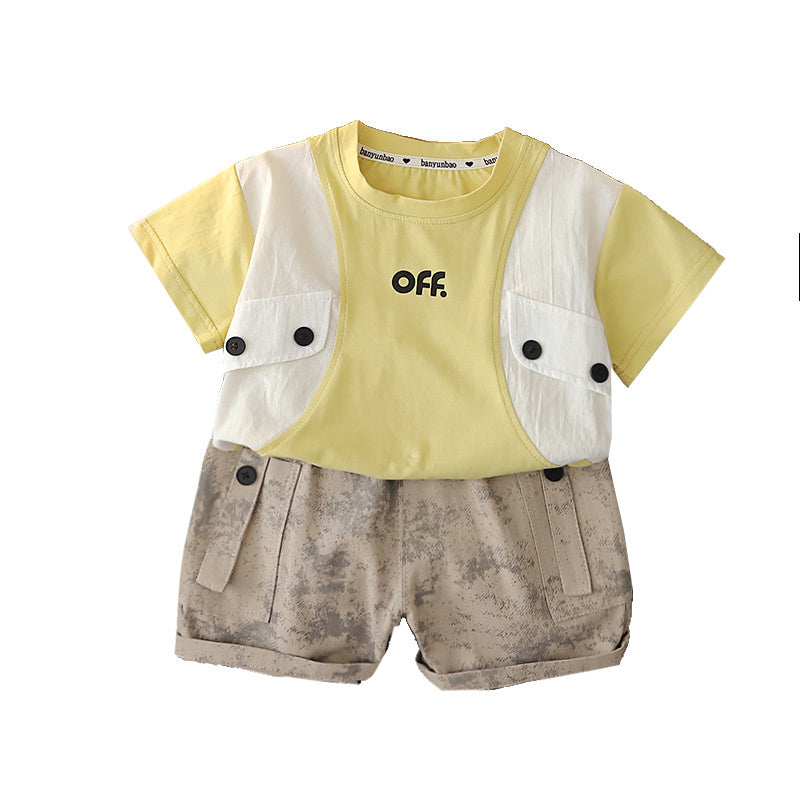 Boys' Outfit 2026 New Fashionable Baby Two-Piece Set with Double-Button Faux Pockets and Short Sleeves, Children's Summer Clothing