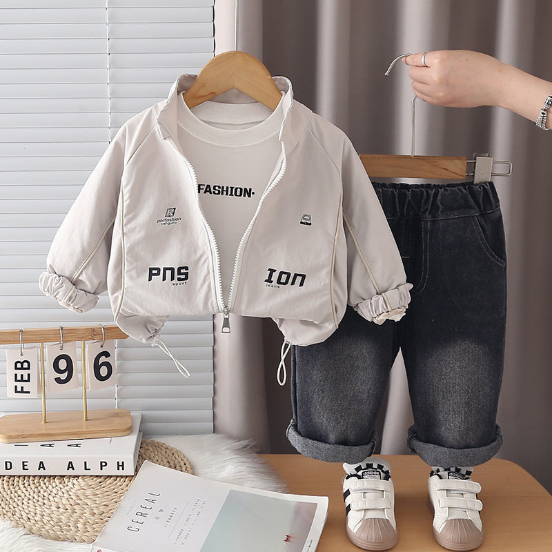 Boys' Autumn Casual Striped Letter Three-Piece Set 2026 New Korean Style Stylish Baby Clothing Outfit Trendy