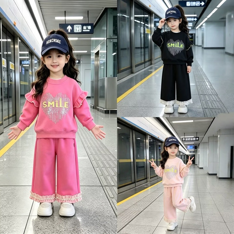 Girls' Outfit Baby 2026 New Style Infant Children's Spring and Autumn Rhinestone Letter Long Sleeve Sweatshirt Two-Piece Set Trendy