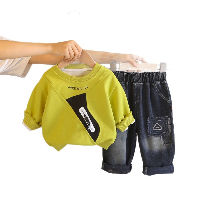 Boys' Spring and Autumn Zipper Pocket Long Sleeve Sweatshirt Two-Piece Set Baby Clothes 1-5 Years Old New Infant Casual Outfit 2