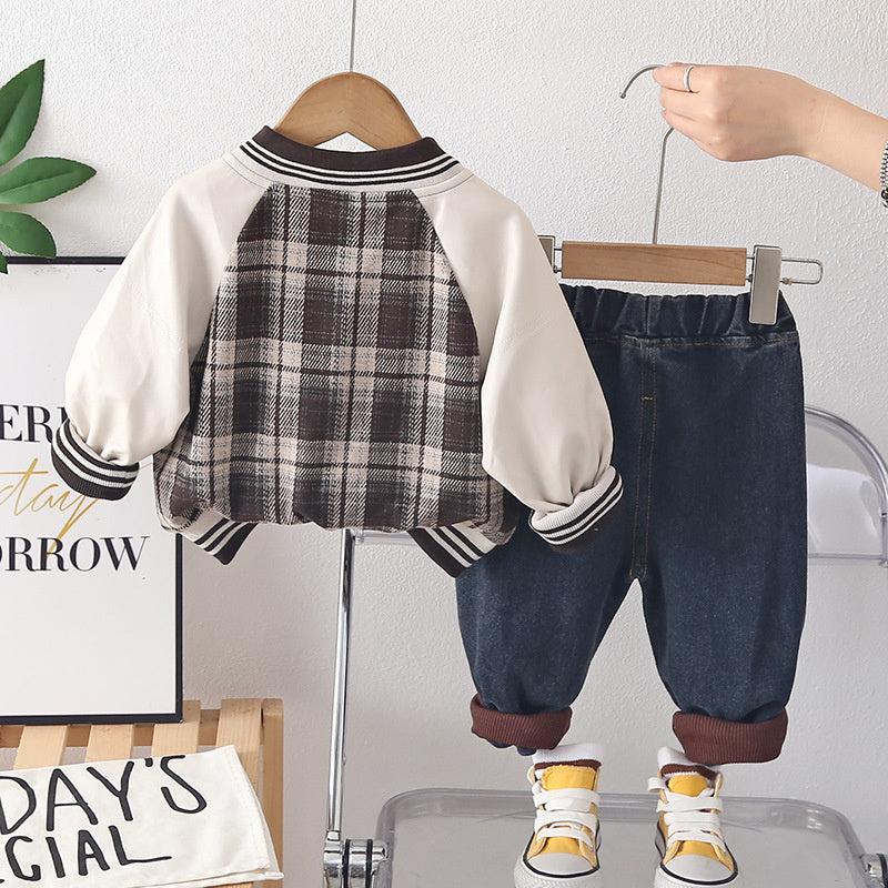 Boys' Outfit 2026 New Fashionable Plaid Double-Layer Jacket Children's Spring and Autumn Stylish Casual Two-Piece Set