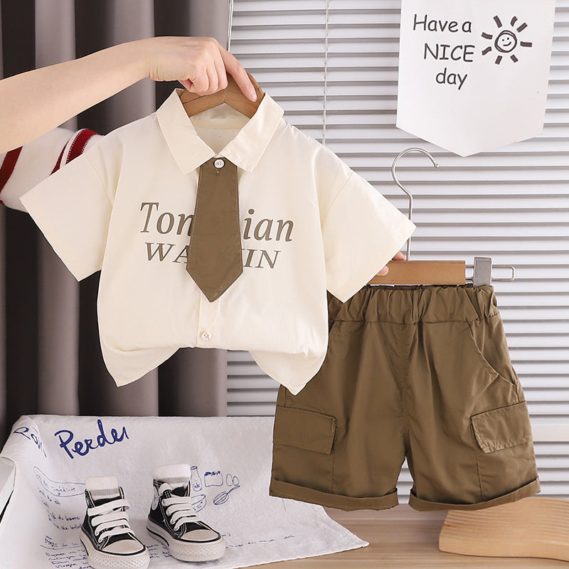 Boys' Outfit Set, Stylish 2026 New Model Children, Baby Summer Suit with Turn-down Collar and Tie, Short Sleeve, for 1-4 Year Olds