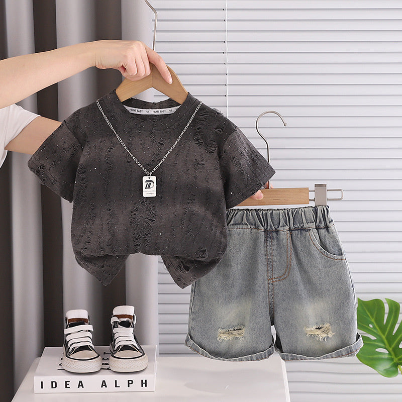 2026 New Summer Tie-Dye Short-Sleeve Stylish Thin Clothes for Baby Boys, Fashionable Two-Piece Set with Necklace