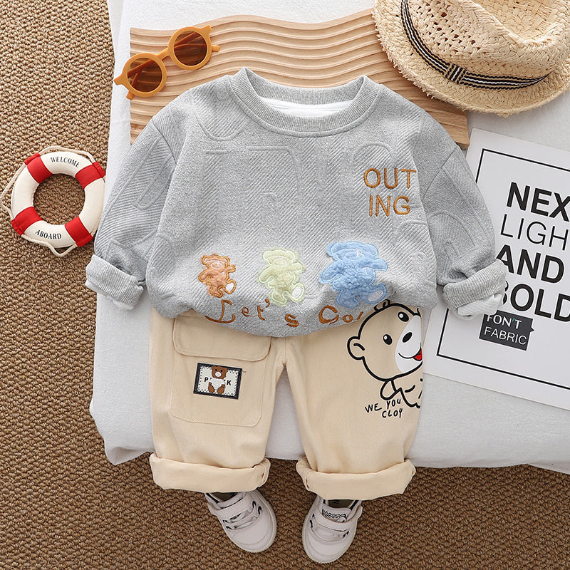 Infant Spring and Autumn Round Neck Children's Clothing Boys New Long Sleeve Three Bears Sweatshirt Two-Piece Set One Piece Dropshipping