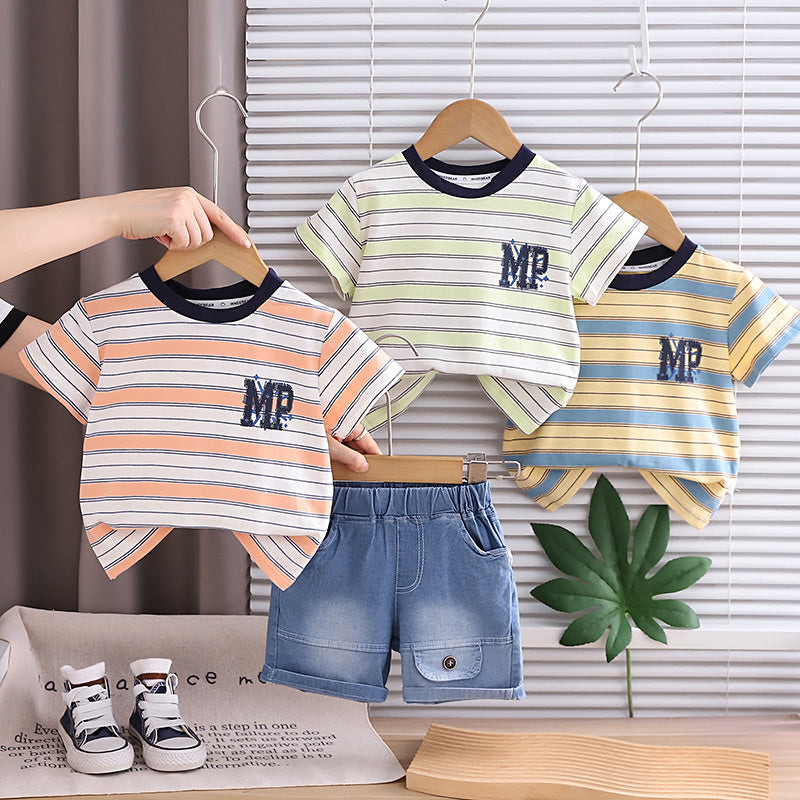 Boys' Outfit 2026 New Style Children's Striped Short-Sleeve Fashionable Baby Summer Thin Two-Piece Set Trendy