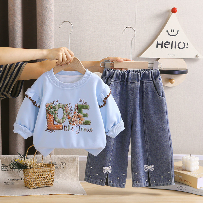 Girls' Outfit 2026 New Spring and Autumn Fashionable Letter Sweatshirt Two-Piece Set Baby Girls Trendy Korean Style for Children