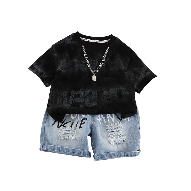 Boys' Summer Outfit 2026 New Baby Chain Hole Letter Short Sleeve Two-Piece Set Infant Clothes