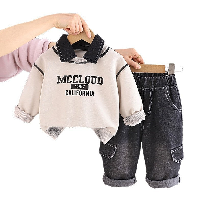 Boys' Outfit 2026 New Fashionable Children's Letter Print Turn-down Collar Long Sleeve Spring and Autumn Two-piece Set Trendy