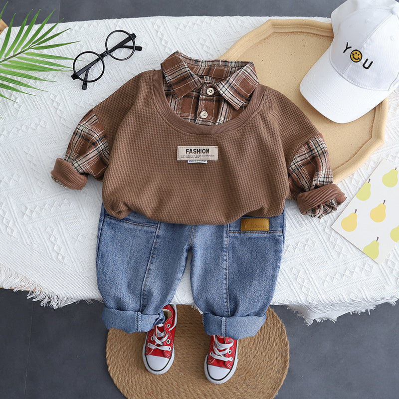 Suit 2025 Autumn Children's Plaid Fake Two-Piece Set Long Sleeve Spring New Boys' Baby One-Piece Dropshipping